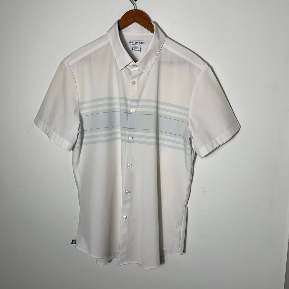 Mens Mizzen and Main Leeward Shorts Sleeve Shirt, white with blue size L EUC!